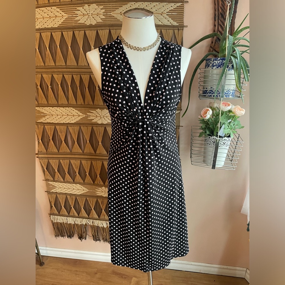 Vintage Black & White Sleeveless Polka Dot Jersey Tank Dress